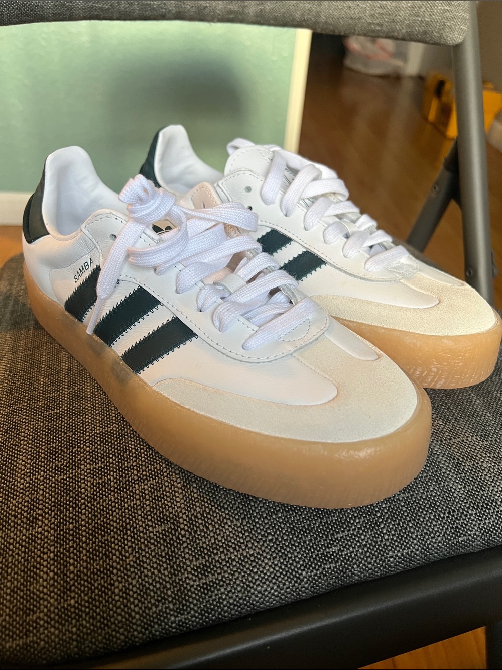 adidas Samba Platform Sneakers - White with Black Stripes and Gum Sole,